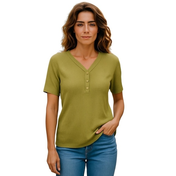 Vintage Sweaters - VINTAGE Marviv pullover knit sweater ribbed v-neck cap sleeve chartreuse size L